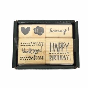 Wooden Rubber Stamp Set Happy Birthday Thank You Hooray Hello - 5 Stamps NWT